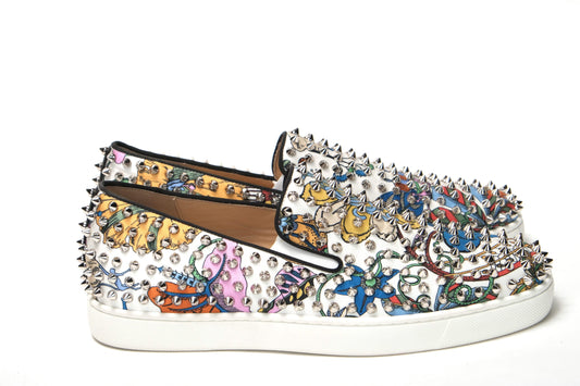 Christian Louboutin White/Multi Silver Rollerboat Flat Crepe Shoes