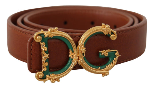 Dolce & Gabbana Brown Leather Baroque Gold DG Logo Waist Buckle Belt