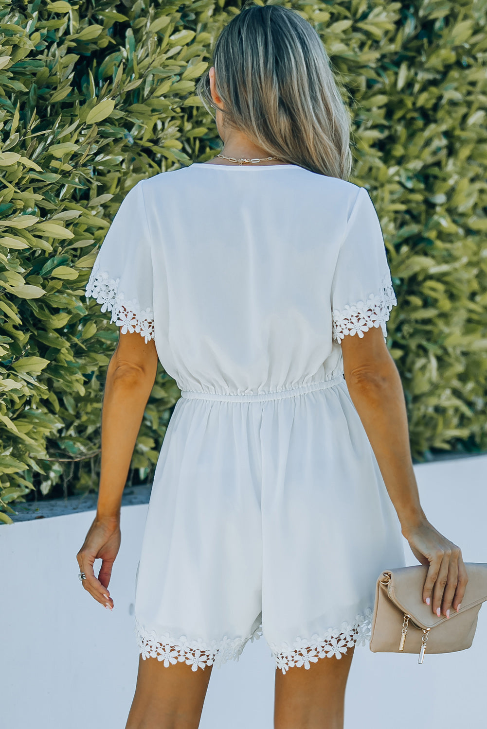 White Applique Lace Trim V-Neck Drawstring Romper