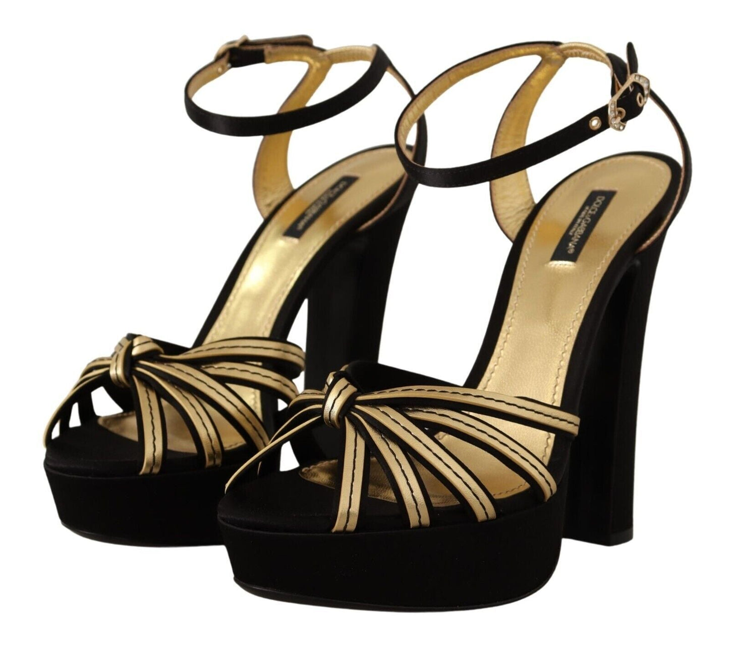 Dolce & Gabbana Black Gold Viscose Ankle Strap Heels Sandals Shoes