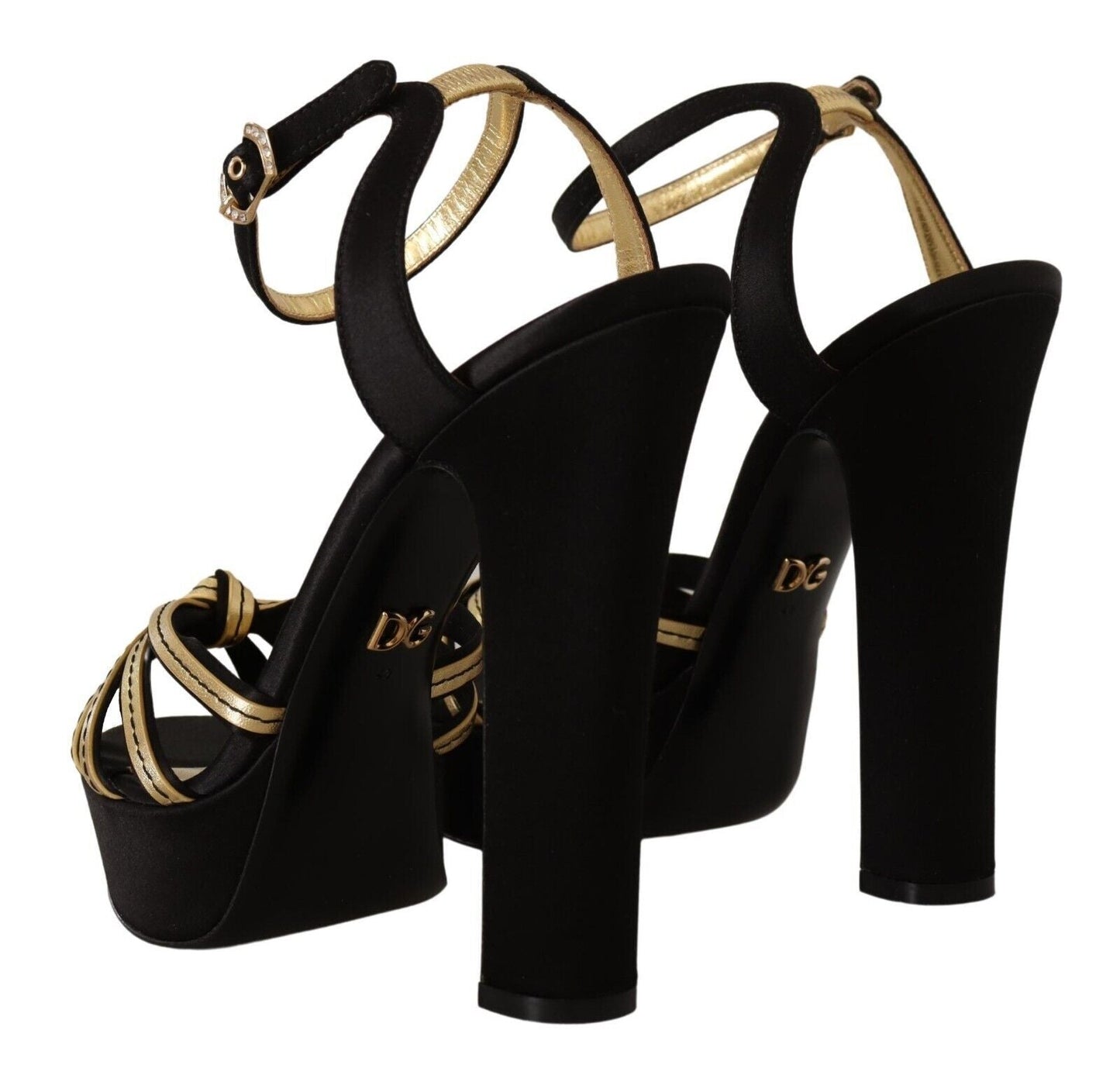 Dolce & Gabbana Black Gold Viscose Ankle Strap Heels Sandals Shoes